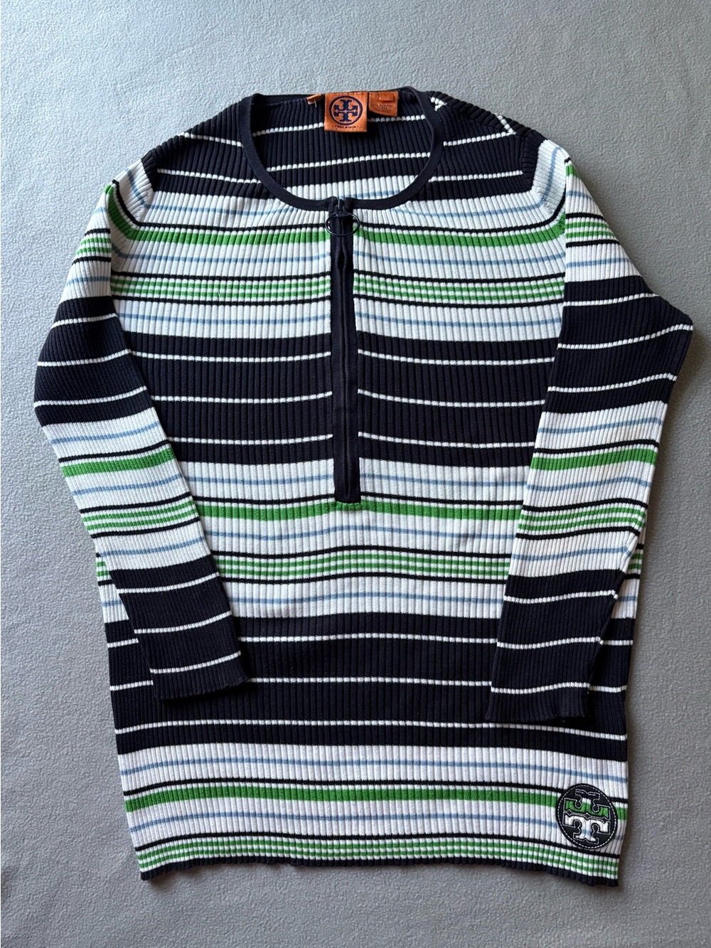 Tory Burch Half Zip Multi-Color Striped Ribbed Knit Sweater Slim Fit Luxury